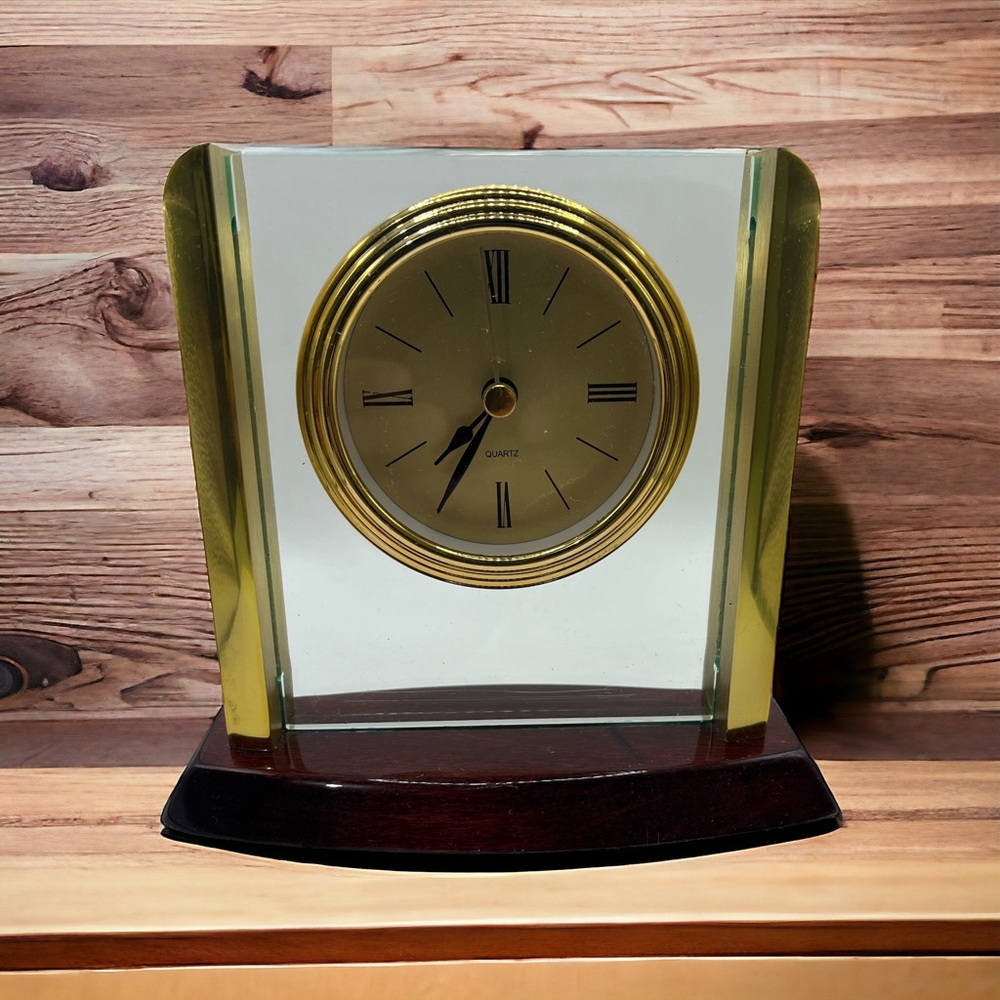 Wood Desk Clock with Glass Panel Wooden Base